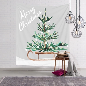 Nordic Christmas tree tapestry with Merry Christmas text on a minimalist brick wall