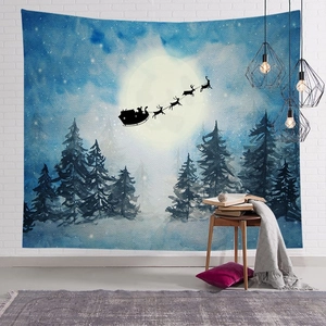 Nordic Christmas tapestry with watercolor snow forest and Santa silhouette for wall decor