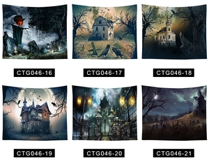 Close-up of six Halloween tapestry designs featuring skulls, pumpkins and spooky scenes