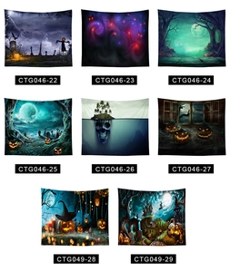Collage of Halloween wall tapestries featuring pumpkin, skull, and dark castle designs