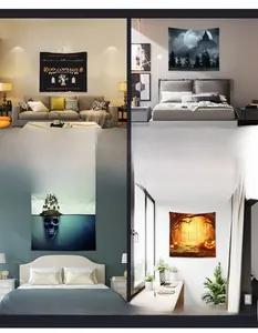 Collage of Halloween tapestries featuring pumpkins and skeletons in bedroom and living room