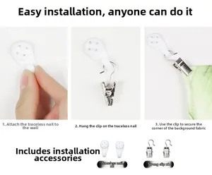 Detail showing two seamless wall hooks and two metal clips for tapestry installation