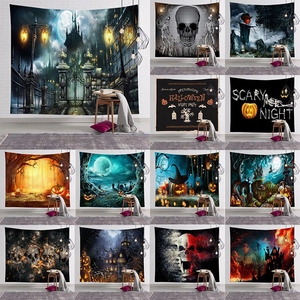 Halloween Tapestry Polyester Fabric Wall Hanging Decor Skull Pumpkin Castle Print Horror Night Party Background