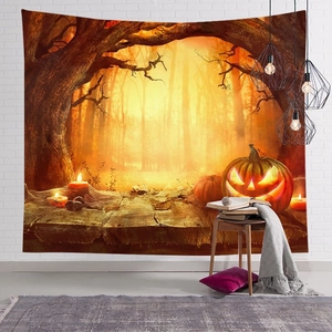 Halloween tapestry with pumpkin lanterns and mystic golden forest on a white brick wall