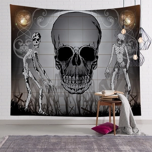 Gothic Halloween skull tapestry hanging on a white brick wall for bedroom wall decor