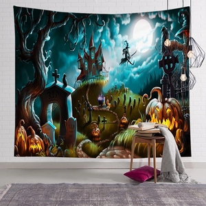 Halloween wall tapestry with spooky castle and pumpkin hanging in a cozy bedroom setting