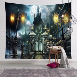 Gothic Halloween wall tapestry featuring castle and full moon on a white brick wall