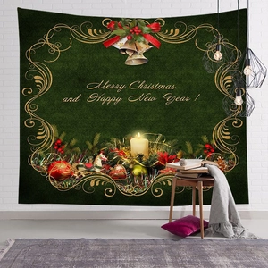 Christmas tapestry with Merry Christmas text and festive decorations on green background