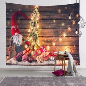 Christmas gnome wall tapestry with a vintage wood background and glowing Xmas tree