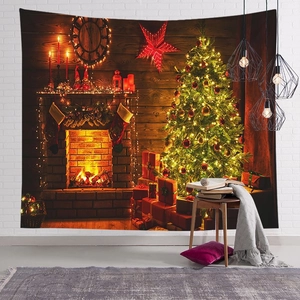 Christmas wall tapestry with a cozy fireplace and decorated tree scene for bedroom decor