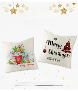 Detail view of two Christmas pillow covers with snowman and plaid tree prints