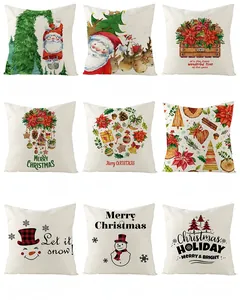 Detailed collection of nine Christmas pillow covers with Santa and reindeer prints