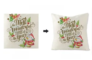 Detail view of snowman pattern and lettering printed on a Christmas cushion cover