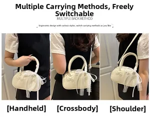 Detailed views of lace bow pillow bag shown in hand-carry, crossbody and shoulder styles