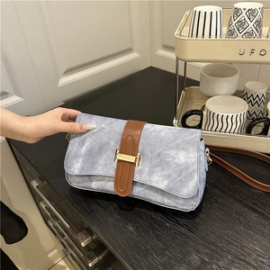 Women Retro Denim PU Leather Baguette Shoulder Bag With Contrast Color Metal Buckle For Daily Commuting