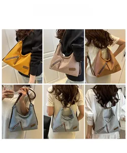 Collage of large capacity hobo bags showing six colors with woven texture and multi-use straps