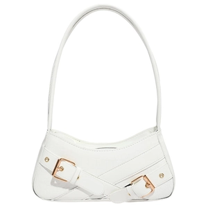 White faux crocodile skin shoulder bag with gold buckles and minimalist commuter style