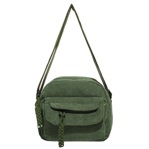 Retro dark green corduroy shoulder bag with woven zip puller and front pocket
