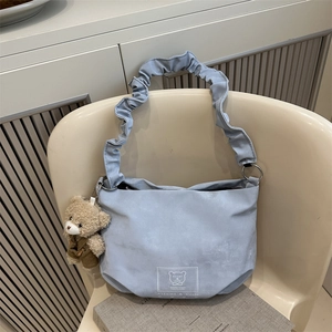 Sky blue pleated shoulder bag with cute bear charm and large capacity for women