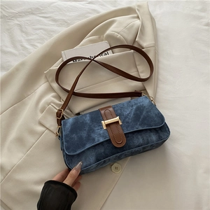 Sac Baguette Rétro pour Femmes Avec Boucle en H en Cuir PU Sac à Épaule Vintage Texture Denim Sac Bandoulière Sac à Main Décontracté