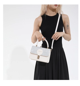 Fashionable crossbody bag with silver glitter flap and gold metal twist lock