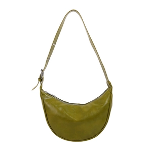 Olive green crescent shoulder bag in glossy PU leather with adjustable silver buckle strap