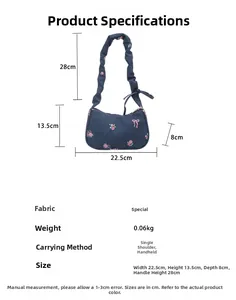 Detailed product size chart for the blue denim shoulder bag with floral embroidery
