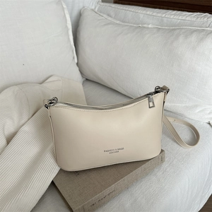 Cream white soft PU leather shoulder bag with top zipper and adjustable strap