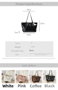 Detailed dimension guide and color options for large PU leather tote bag in four colors