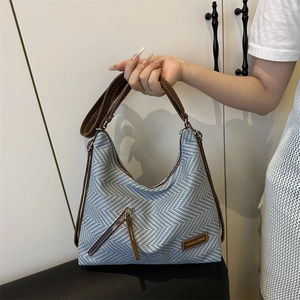 Fashion Herringbone Woven Canvas Tote Bag For Women Large Capacity Shoulder Bag With PU Leather Straps Vintage Commuting Bag