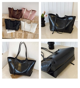 Collage showing a minimalist large tote bag in black, white, brown and pink colors