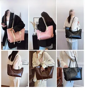 Detailed views of vintage large tote bag in pink, black and brown glossy leather finishes