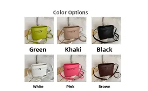 Six colors of minimalist leather bucket bags including green, khaki, black, and pink