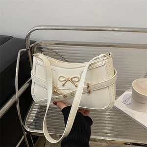Achsel Umhängetasche PU Leder Goldene Schleife Metallschnalle Dekorativer Gürtel Französisch Retro Chic Handtasche Für Damen