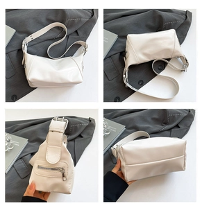 Detalle del bolso de hombro en cuero PU blanco con hebilla metálica plateada y bolsillo