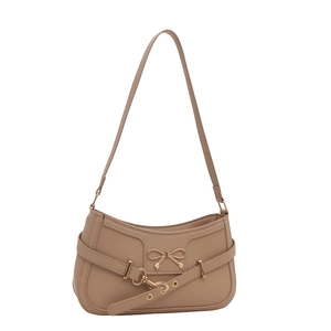 Minimalistische beige Schultertasche mit goldener Schleife und glatter Lederoptik