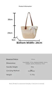 Detailed size specifications for beige woven tote bag with lace bow and leather handles