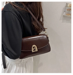Détail du sac rétro marron foncé en cuir brillant avec boucle fer à cheval dorée