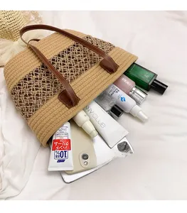 Spacious woven tote bag with mesh design showing tablet and cosmetics interior storage