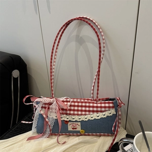 Original patchwork tote bag with red gingham and denim fabric featuring lace and bow