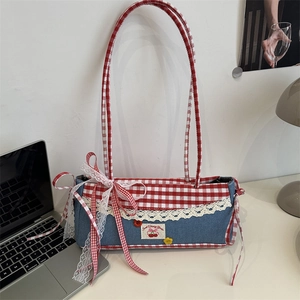 Denim and red plaid baguette shoulder bag with white lace trim and cherry embroidery
