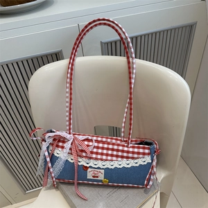 Lace-trimmed red checkered plaid and denim shoulder bag with sweet cherry garden patch