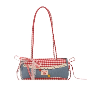 Sweet red and blue plaid lace handbag with cherry garden tag and ribbon bow accent