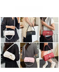 Collage of chic rectangular crossbody bags with metal H-buckle in four different colors