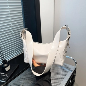 Chic white large-capacity shoulder bag in glossy PU leather with adjustable silver buckle