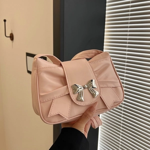 Women Underarm Shoulder Bag Bow Decoration Ruched PU Leather Metallic Buckle French Niche Style Summer Stylish Handbag