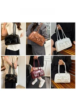 Collage showing four colors of stylish bow-knot shoulder bags worn in daily life