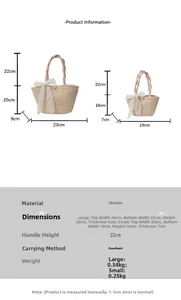 Size guide for woven handbags showing dimensions for large and small beach tote bags