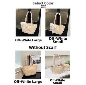 Detailed comparison of beige straw tote bags in large and small sizes with red polka dots