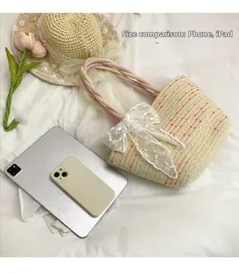 Straw tote bag size comparison with iPad and phone showing large beach bag capacity